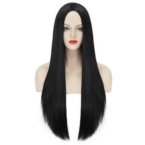 NEW - MERSI Morticia Addams Long Black Wig 27"